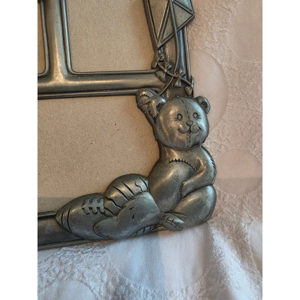 Vintage Pewter Tone Metal Baby Picture Frame 4-Opening Nursery Teddy Bear Blocks